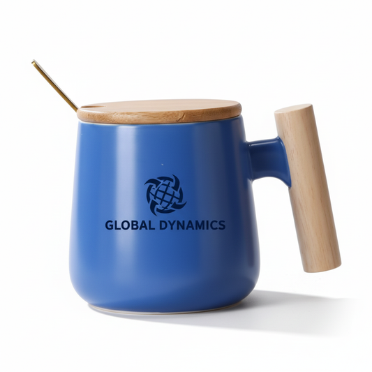 Blue ceramic promotional mug with natural wooden lid and logo branding