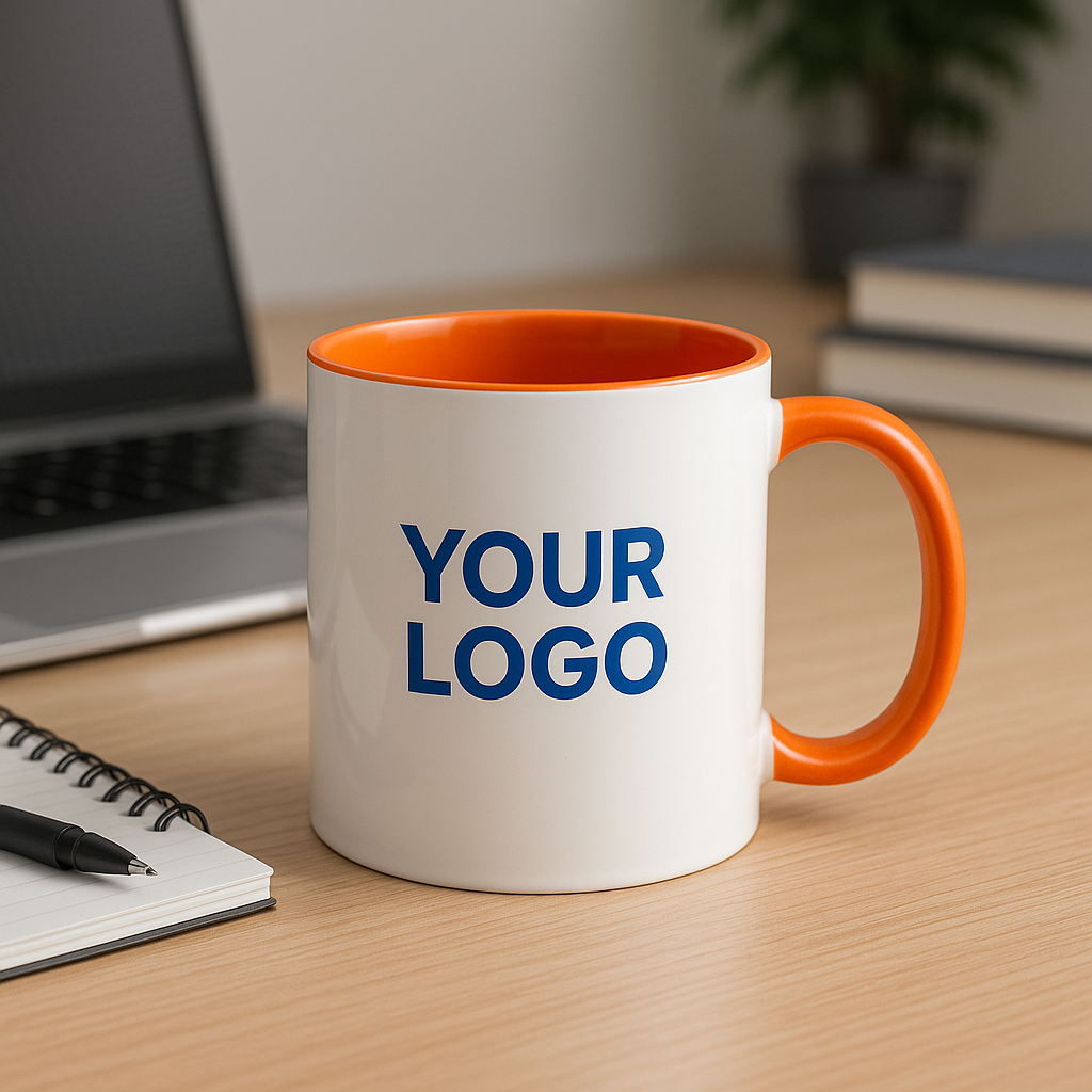 Branded ceramic mug with orange interior and handle on office desk beside laptop and notebook
