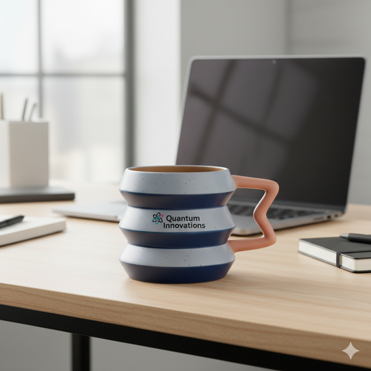 Close-up view of striped ceramic mug showing unique zigzag handle