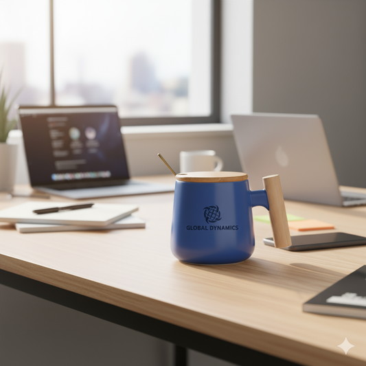 Custom ceramic mug with wooden handle and bamboo lid, ideal for promotional gifts