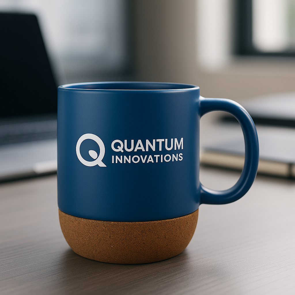 Custom ceramic promotional mug with cork base and lid for corporate gifts