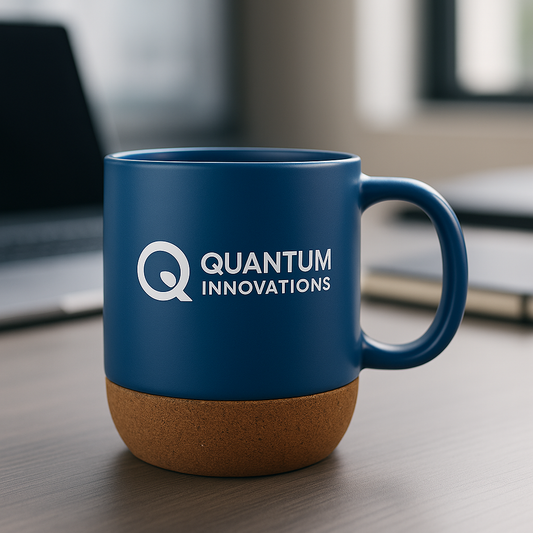 Custom ceramic promotional mug with cork base and lid for corporate gifts