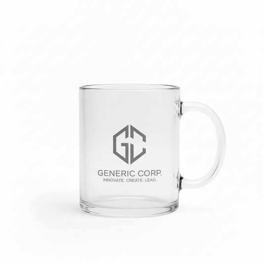 Custom clear glass mug with etched company logo on white background.
