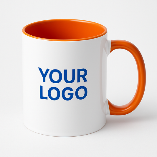 Custom white ceramic mug with orange interior and handle, blue ‘YOUR LOGO’ print, white background.