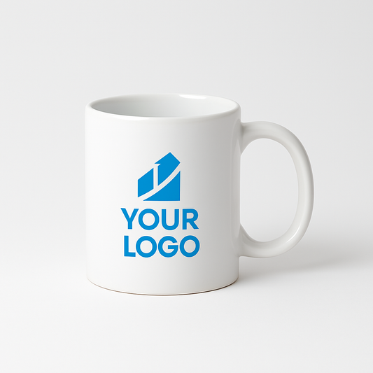 Custom white ceramic mug with printed company logo