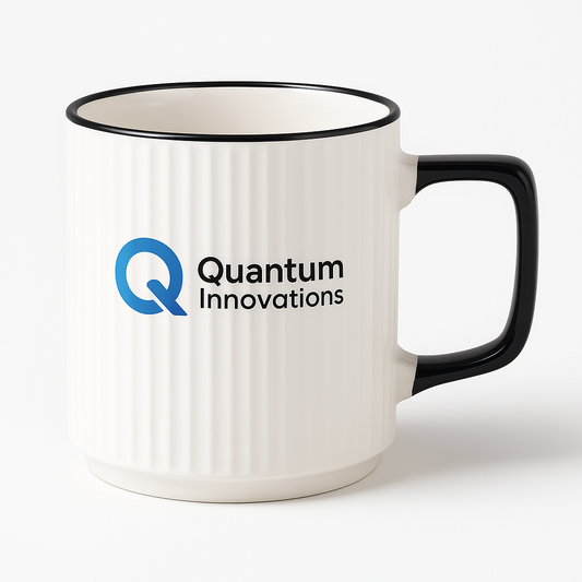 Ribbed ceramic promotional mug with black handle and rim, featuring custom logo