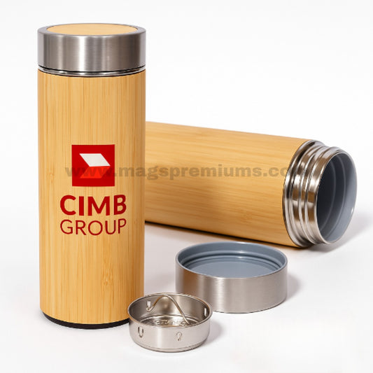 Bamboo finish vacuum flask 350ml for travel and office