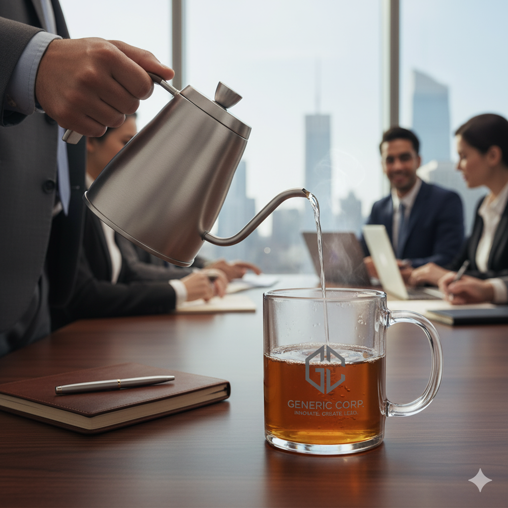Tempered glass mug with UV-printed logo on modern office desk.