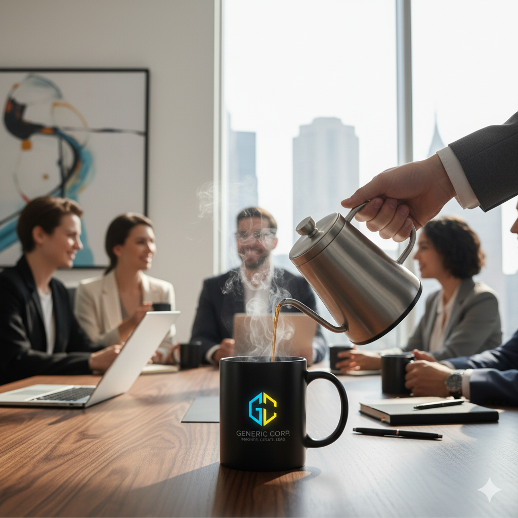 Thermochromic magic mug on modern office desk with logo revealed by hot coffee.