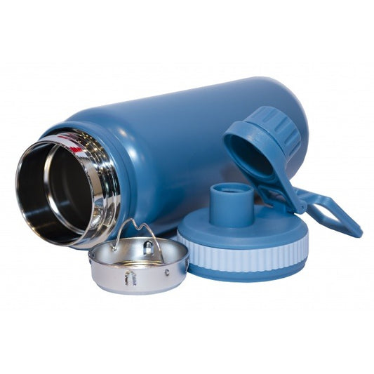 Blue thermos with a detachable silver bowl on a white background