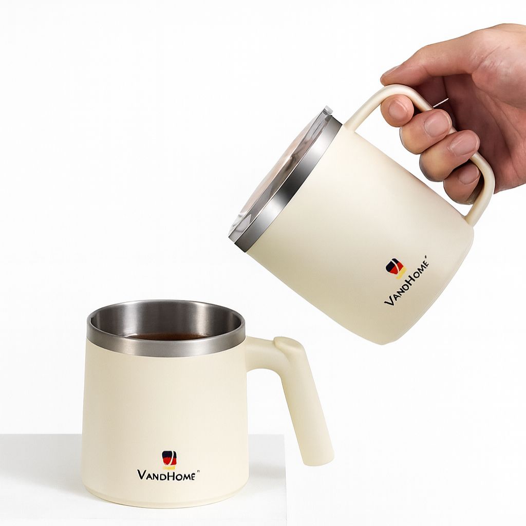 eco friendly reusable stainless steel insulated coffee mug with lid and handle