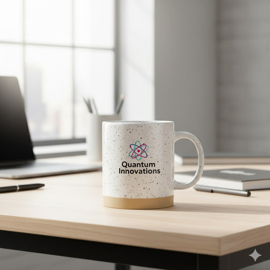 Promotional stoneware speckled mug used in office or café setting