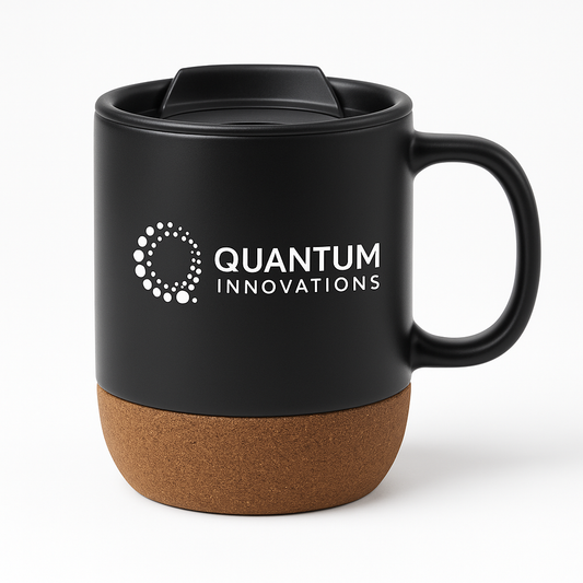 Black ceramic mug with natural cork base and logo branding
