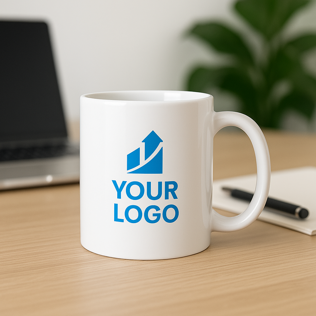 Branded ceramic mug with company logo on a modern office desk