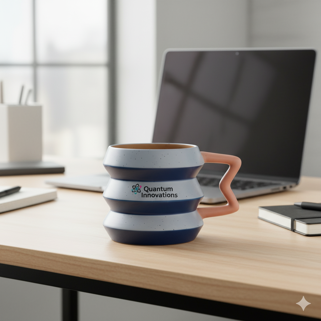 Close-up view of striped ceramic mug showing unique zigzag handle
