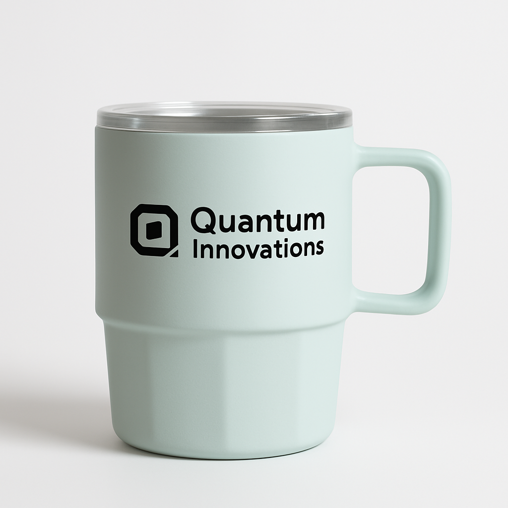 Close-upofpastellogocoffeemugsshowingmattefinishandclearliddesignwithcompanylogo.