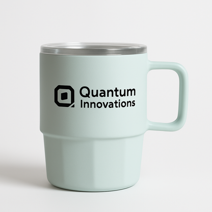 Close-upofpastellogocoffeemugsshowingmattefinishandclearliddesignwithcompanylogo.