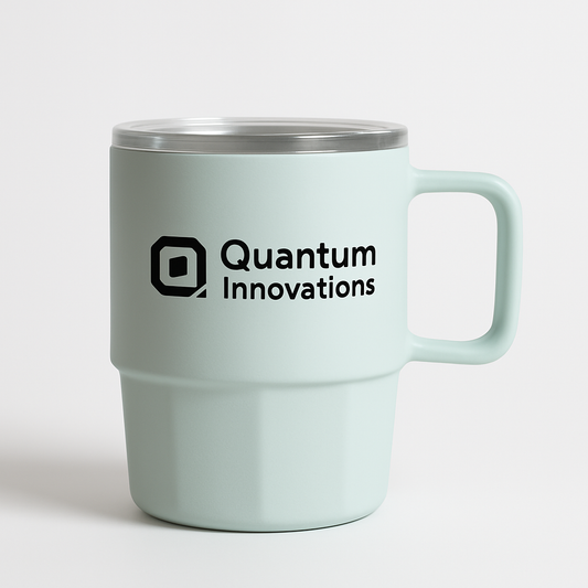 Close-upofpastellogocoffeemugsshowingmattefinishandclearliddesignwithcompanylogo.