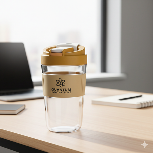 Custom glass promotional travel mug with flip-top lid and coffee inside
