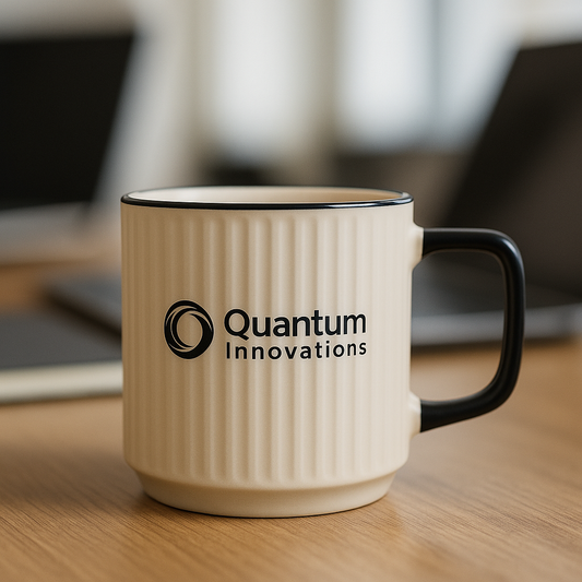 Custom ribbed ceramic coffee mug on office desk with company logo branding
