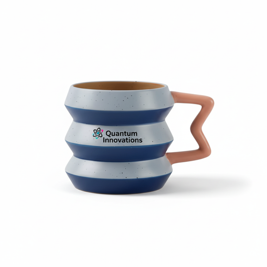 Custom striped ceramic promotional mug with zigzag handle and logo branding
