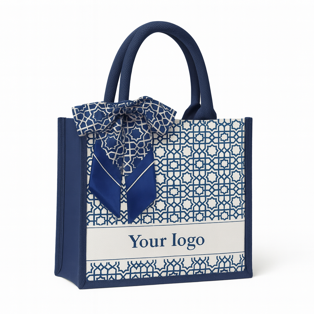 Luxury Customised Tote Bag with Geometric Design & Scarf Accent