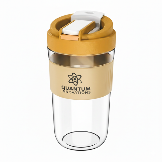 Glass travel coffee mug with brown silicone sleeve and logo branding
