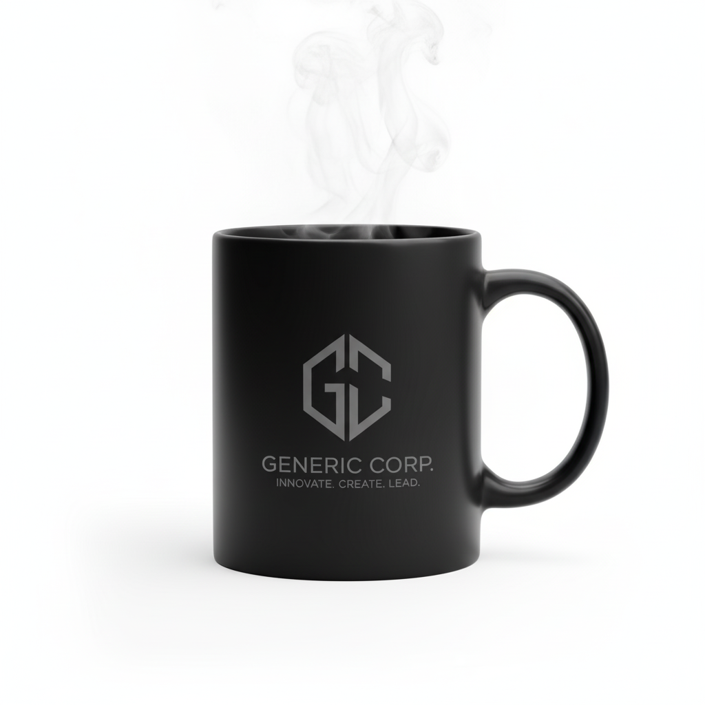 Magic heat-sensitive mug showing hidden logo as hot liquid reveals the design, white background.