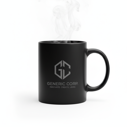 Magic heat-sensitive mug showing hidden logo as hot liquid reveals the design, white background.