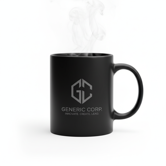 Magic heat-sensitive mug showing hidden logo as hot liquid reveals the design, white background.