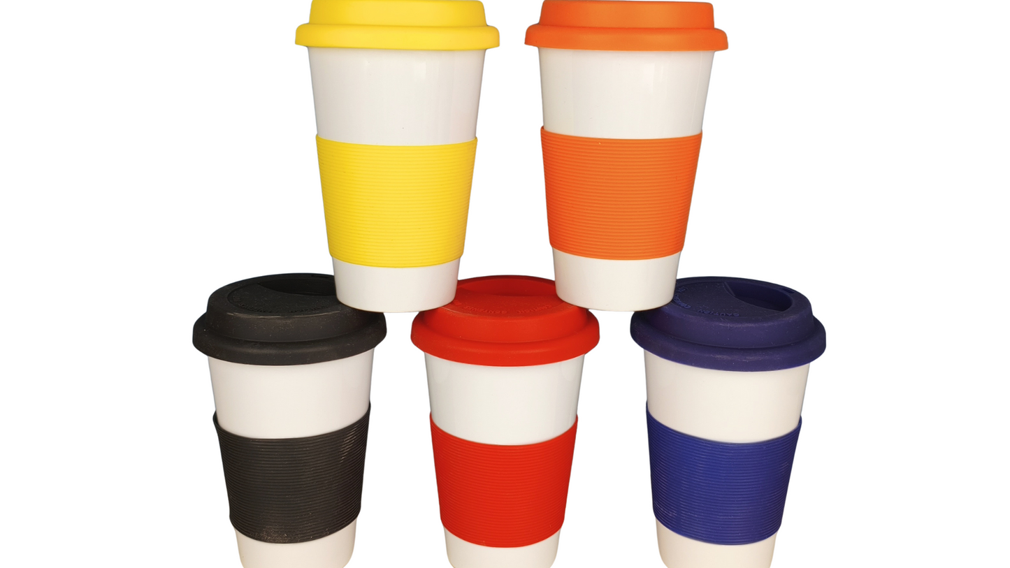 Ceramic Cup with Silicone Lid and Insulating Sleeve