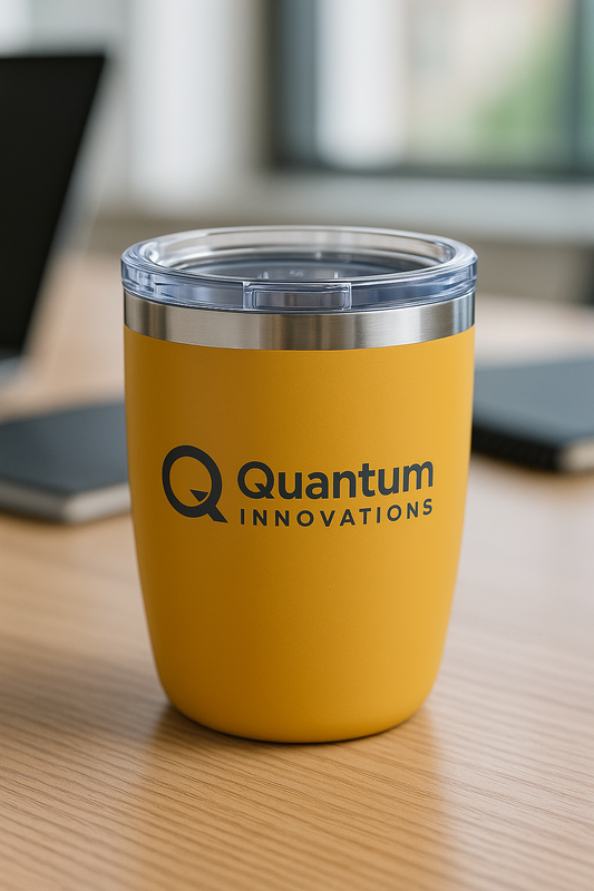 Promotional stainless steel travel mugs with clear lids in assorted colors
