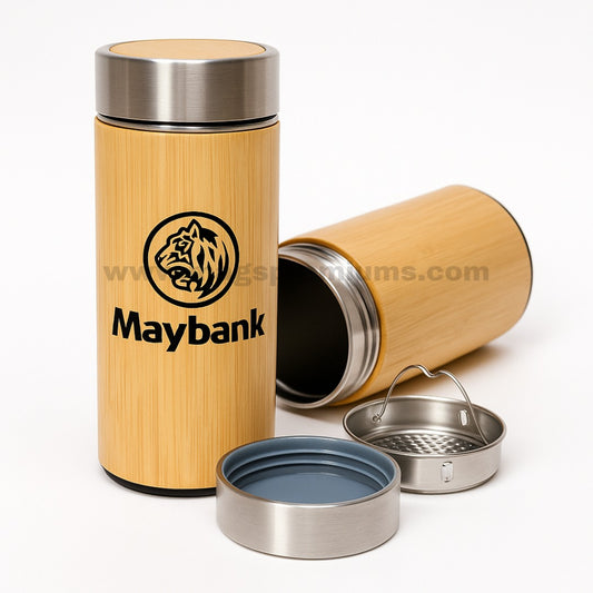 350ml stainless steel vacuum flask bamboo finish – natural color

